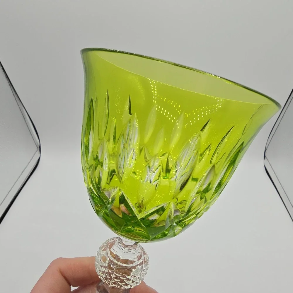 Vtg Crystal Wine Goblet Glass Green Cut‎ Glass Unknown Maker